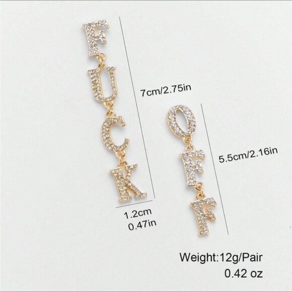 Silver Rhinestone Letter Dangle Punk Fashion F*uck Off Earrings - Picture 3 of 3